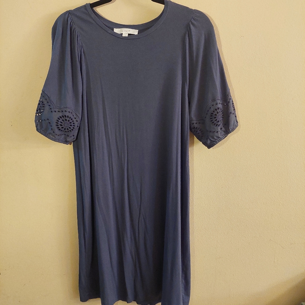 Loft stretch eyelet embroidered short puff sleeve slate gray dress. Size small